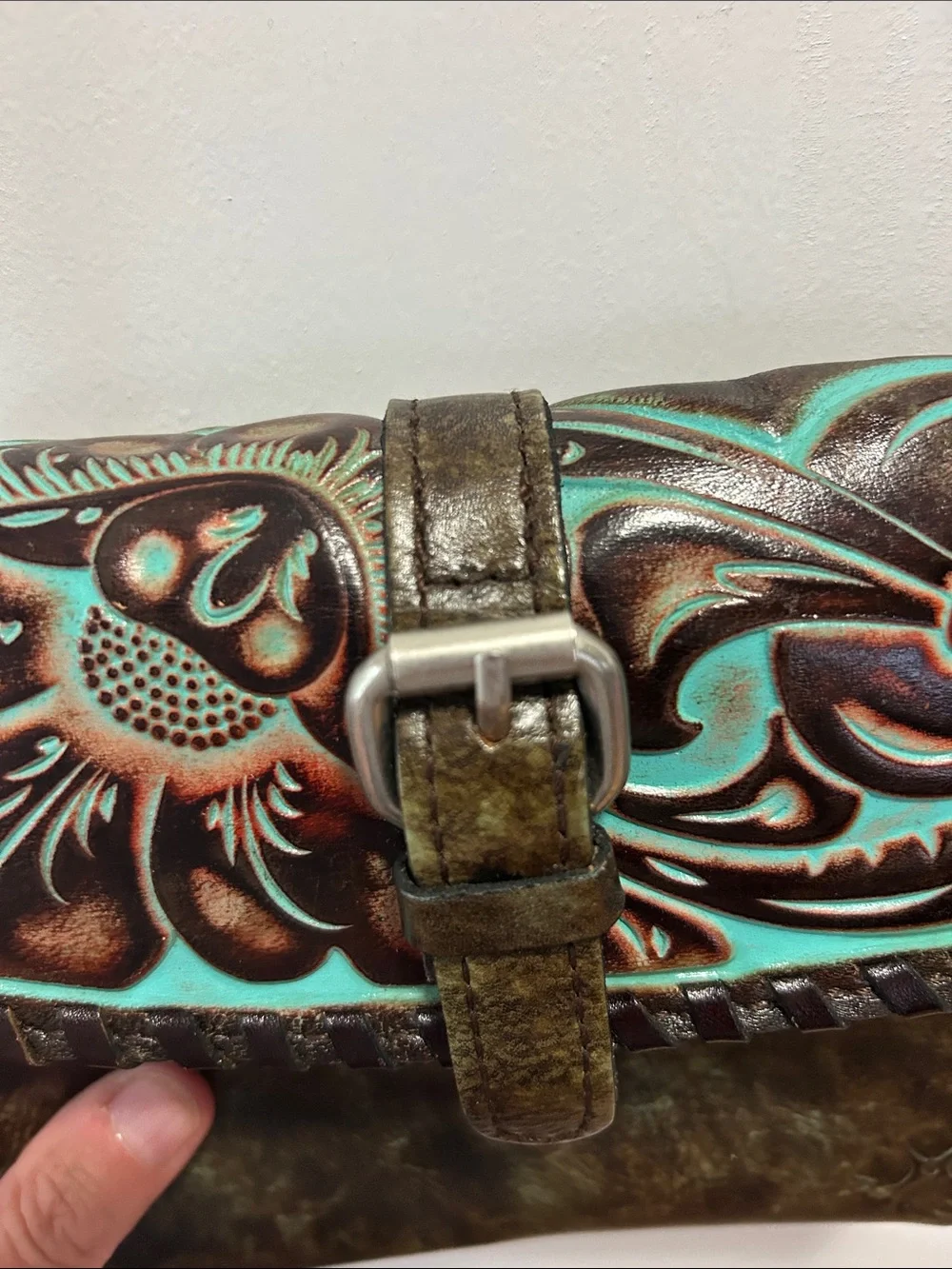 Patricia Nash Hand-Tooled Floral Leather Crossbody Bag in Turquoise and Brown